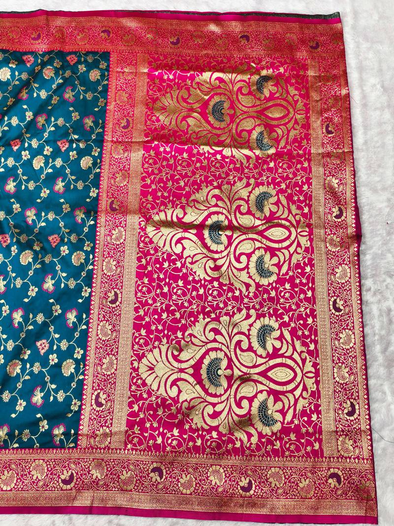 navy blue zari woven banarasi silk blend traditional saree with blouse piece