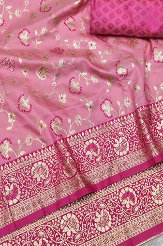 pink zari woven banarasi silk blend traditional saree with blouse piece