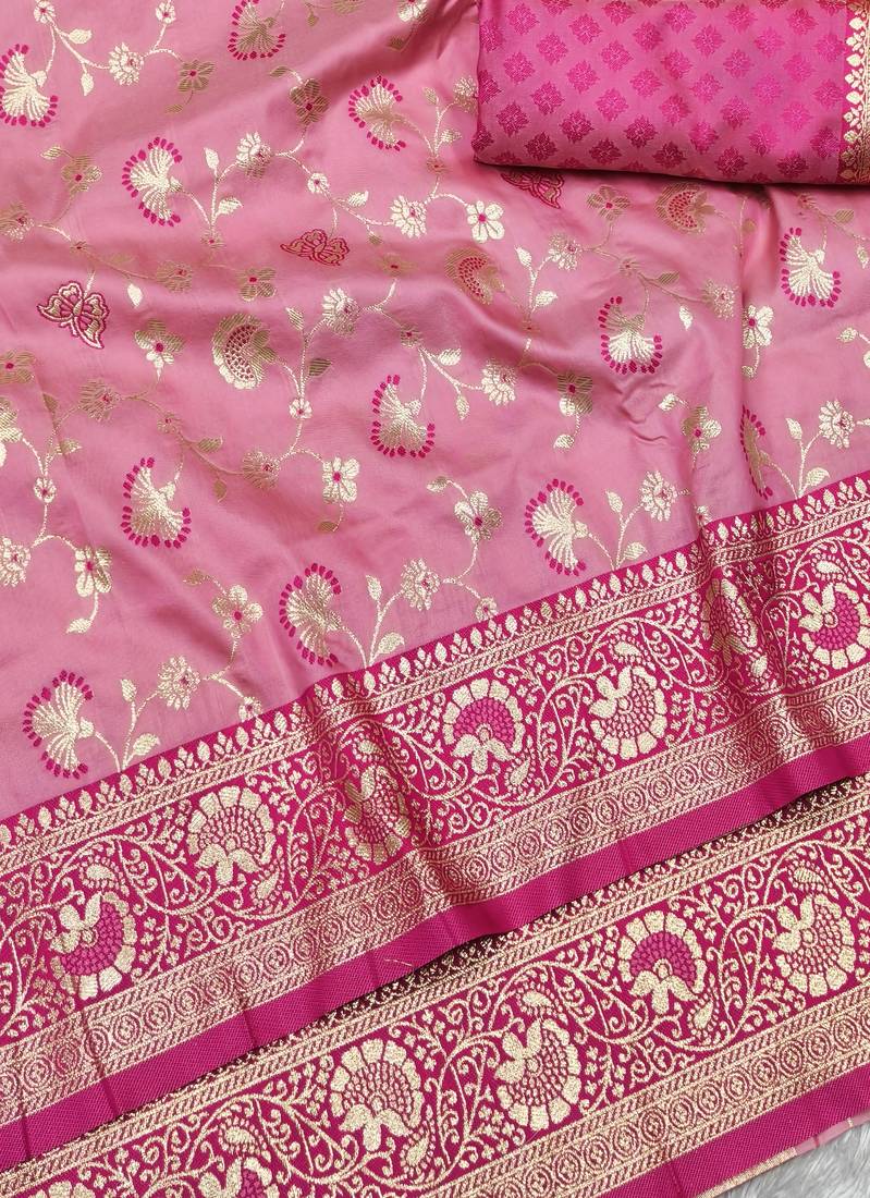 pink zari woven banarasi silk blend traditional saree with blouse piece