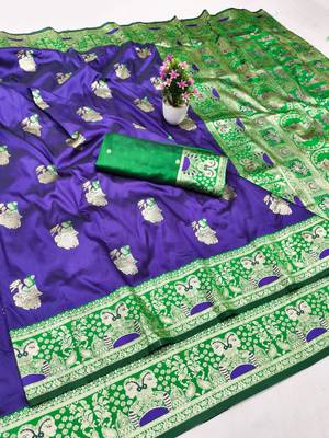 purpel zari woven baluchari silk blend traditional saree with blouse piece 1