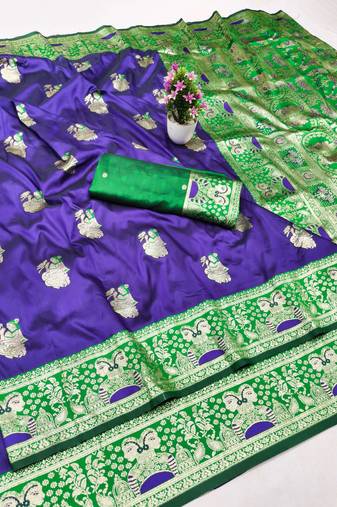 purpel zari woven baluchari silk blend traditional saree with blouse piece