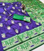 purpel zari woven baluchari silk blend traditional saree with blouse piece