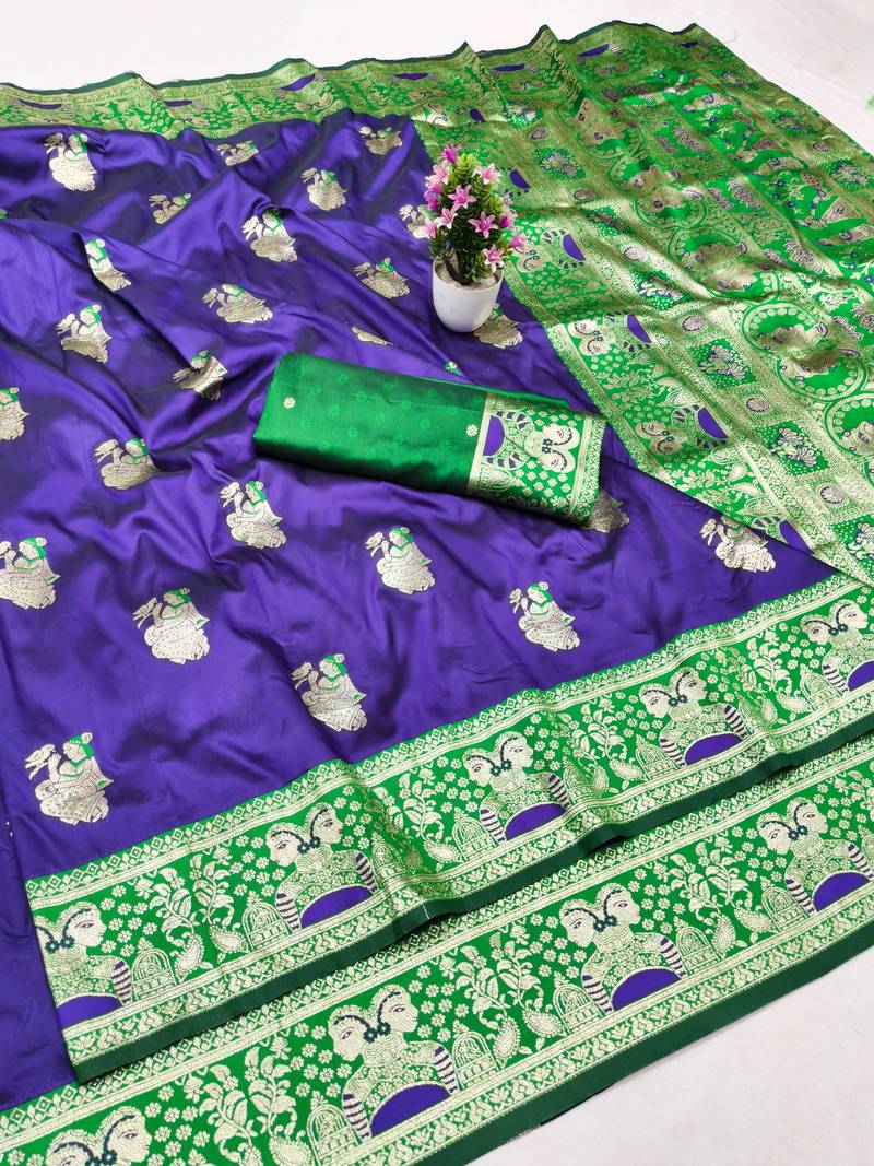 purpel zari woven baluchari silk blend traditional saree with blouse piece