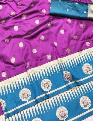 purple zari woven banarasi silk blend traditional saree with blouse piece 3