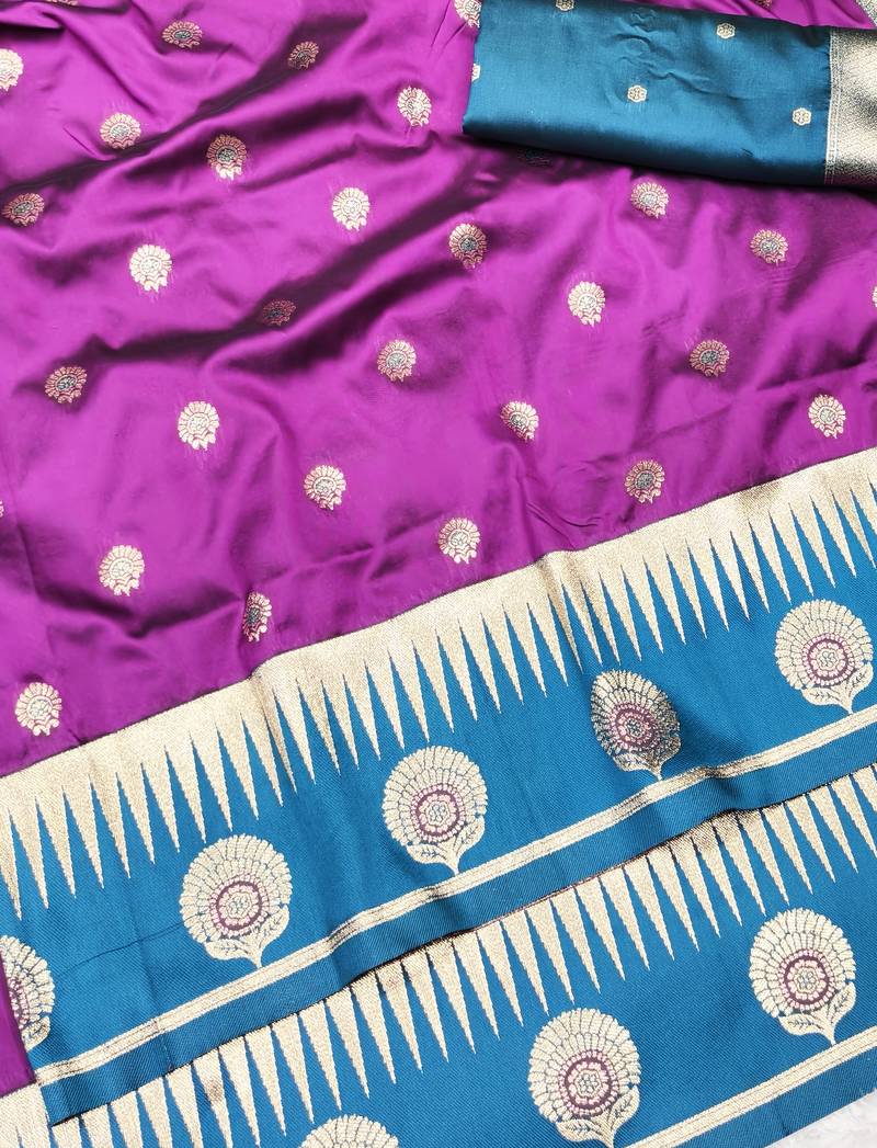 purple zari woven banarasi silk blend traditional saree with blouse piece