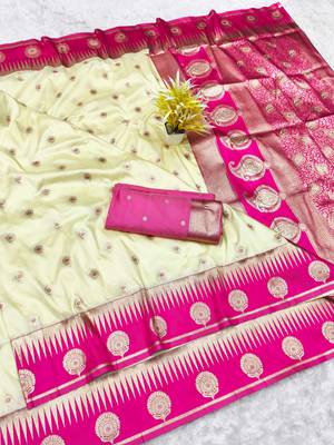 cream zari woven banarasi silk blend traditional saree with blouse piece 1