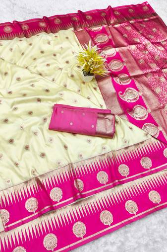 cream zari woven banarasi silk blend traditional saree with blouse piece