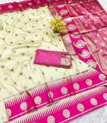 cream zari woven banarasi silk blend traditional saree with blouse piece