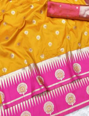 yellow zari woven banarasi silk blend traditional saree with blouse piece 3