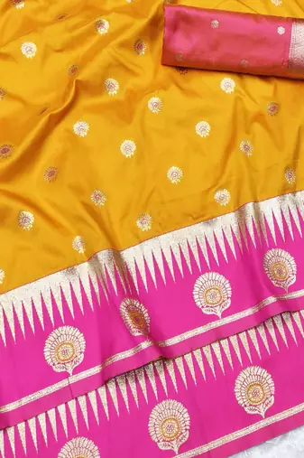 yellow zari woven banarasi silk blend traditional saree with blouse piece