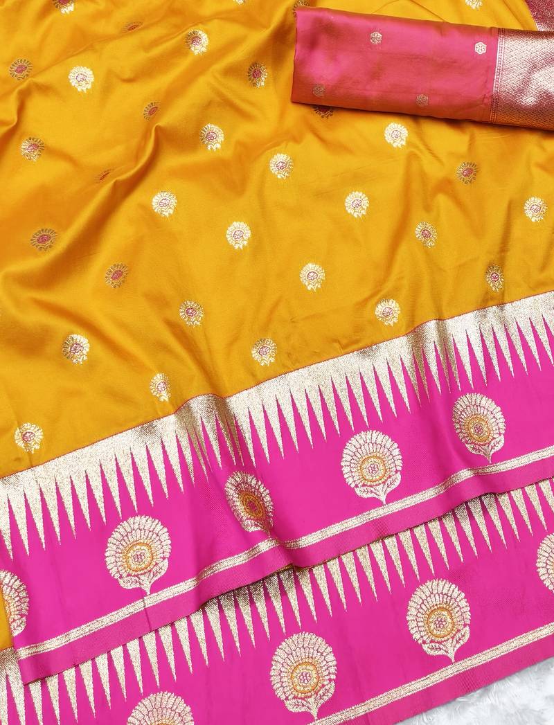 yellow zari woven banarasi silk blend traditional saree with blouse piece