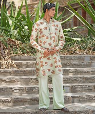 Mint green embroidered silk blend kurta set 1