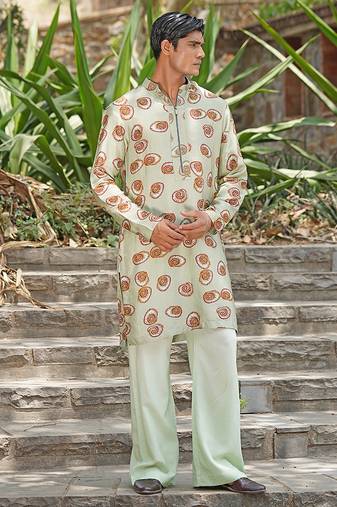 Mint green embroidered silk blend kurta set