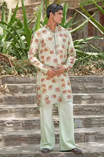 Mint green embroidered silk blend kurta set