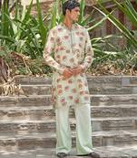 Mint green embroidered silk blend kurta set