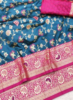 navy blue zari woven banarasi silk blend traditional saree with blouse piece 3
