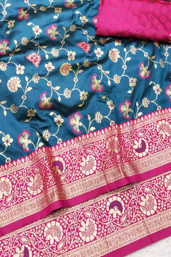 navy blue zari woven banarasi silk blend traditional saree with blouse piece