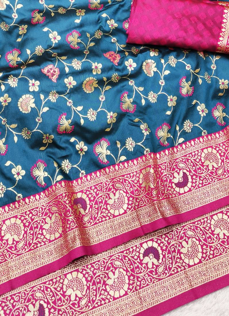 navy blue zari woven banarasi silk blend traditional saree with blouse piece