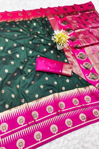 green zari woven banarasi silk blend traditional saree with blouse piece