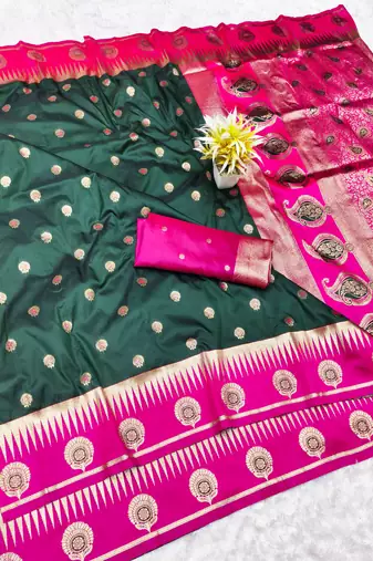 green zari woven banarasi silk blend traditional saree with blouse piece