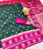 green zari woven banarasi silk blend traditional saree with blouse piece