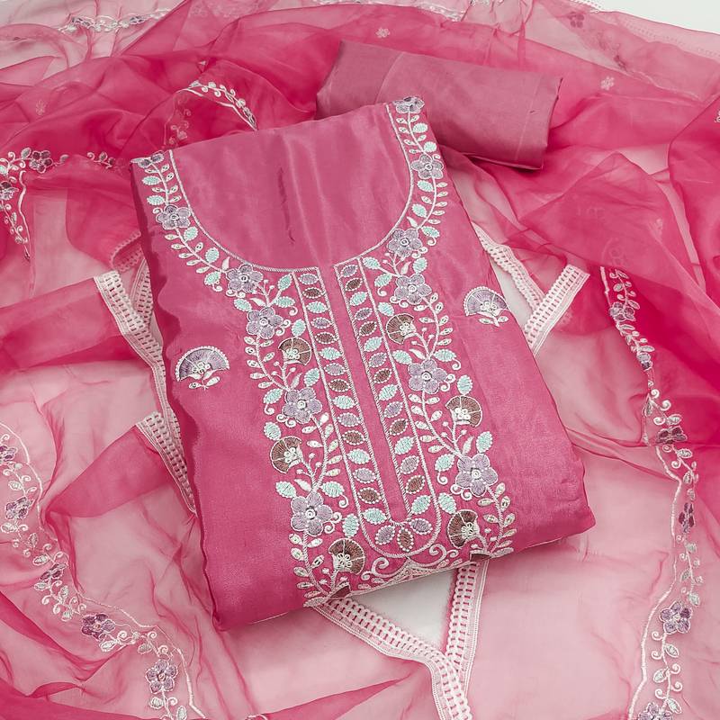 pink embroidered glaze cotton unstitched dress material 