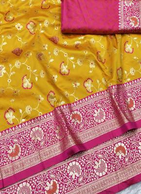 yellow zari woven banarasi silk blend traditional saree with blouse piece 3