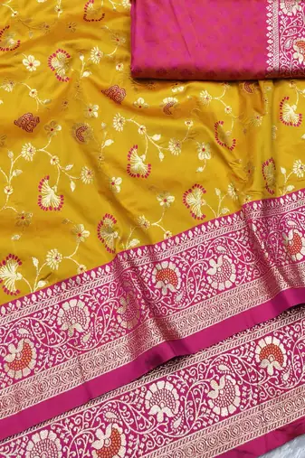 yellow zari woven banarasi silk blend traditional saree with blouse piece
