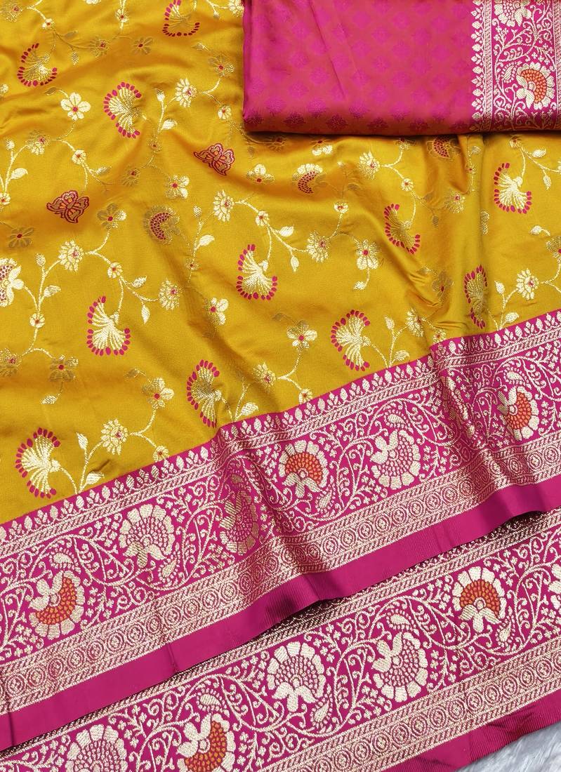 yellow zari woven banarasi silk blend traditional saree with blouse piece