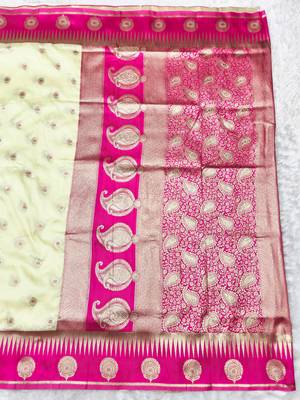 cream zari woven banarasi silk blend traditional saree with blouse piece 2