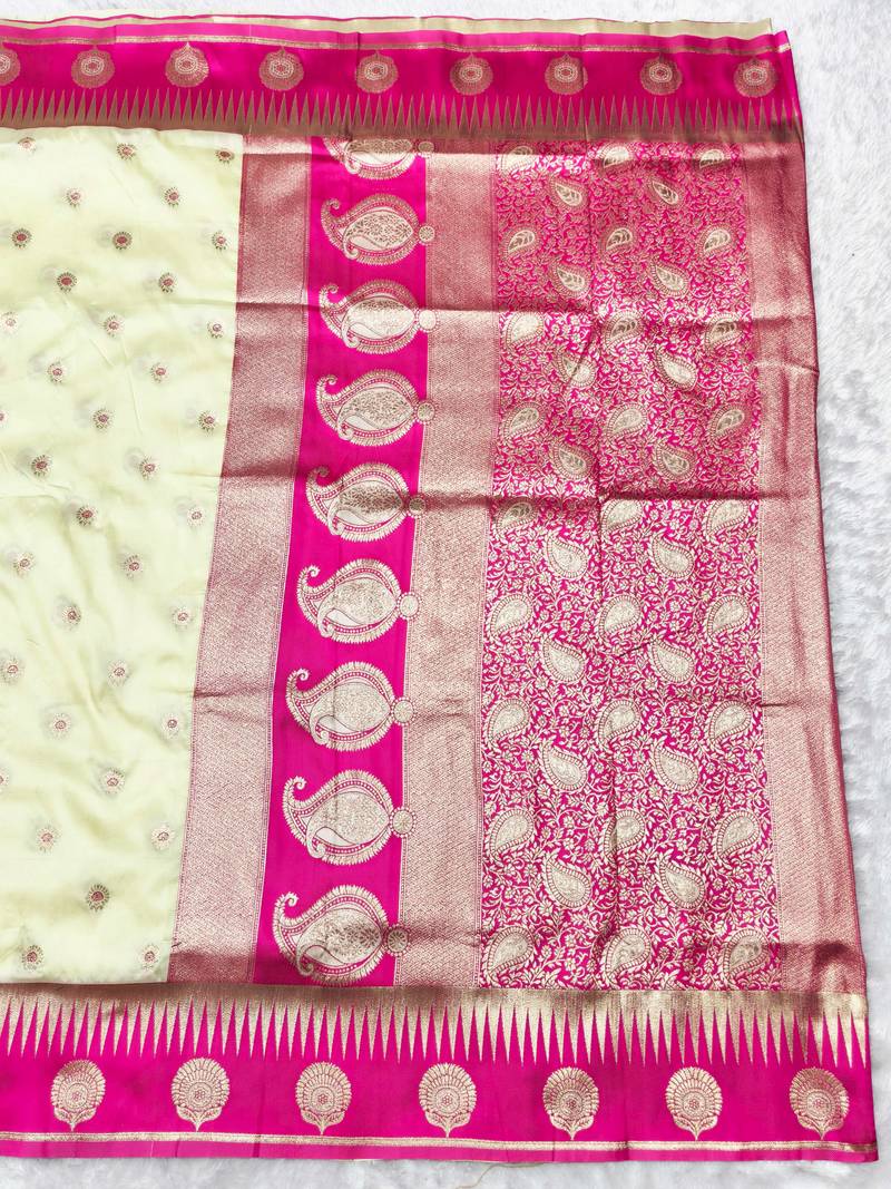 cream zari woven banarasi silk blend traditional saree with blouse piece