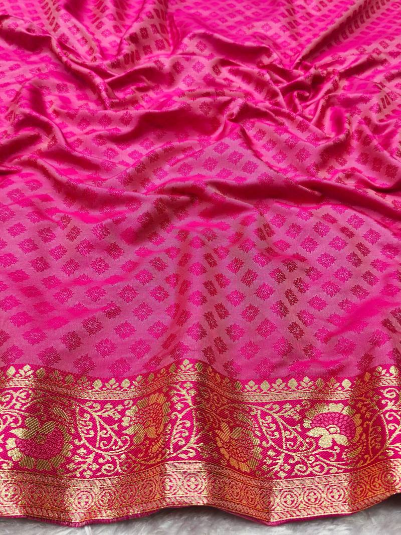 pink zari woven banarasi silk blend traditional saree with blouse piece