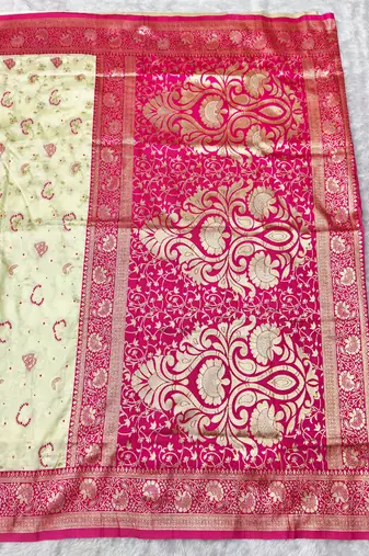 cream zari woven banarasi silk blend traditional saree with blouse piece