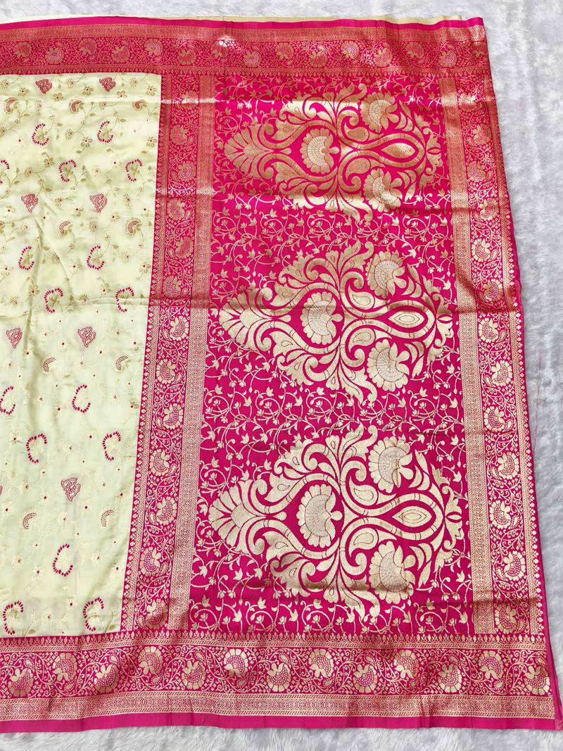 cream zari woven banarasi silk blend traditional saree with blouse piece