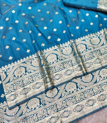 navy blue zari woven banarasi silk blend traditional saree with blouse piece 3