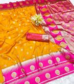 yellow zari woven banarasi silk blend traditional saree with blouse piece