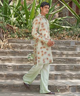 Mint green embroidered silk blend kurta set 2