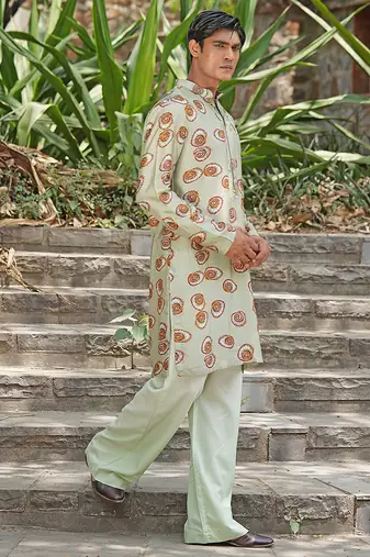 Mint green embroidered silk blend kurta set