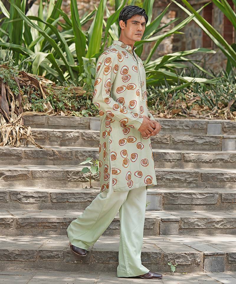 Mint green embroidered silk blend kurta set
