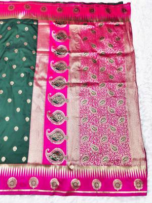 green zari woven banarasi silk blend traditional saree with blouse piece 2