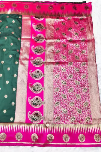 green zari woven banarasi silk blend traditional saree with blouse piece