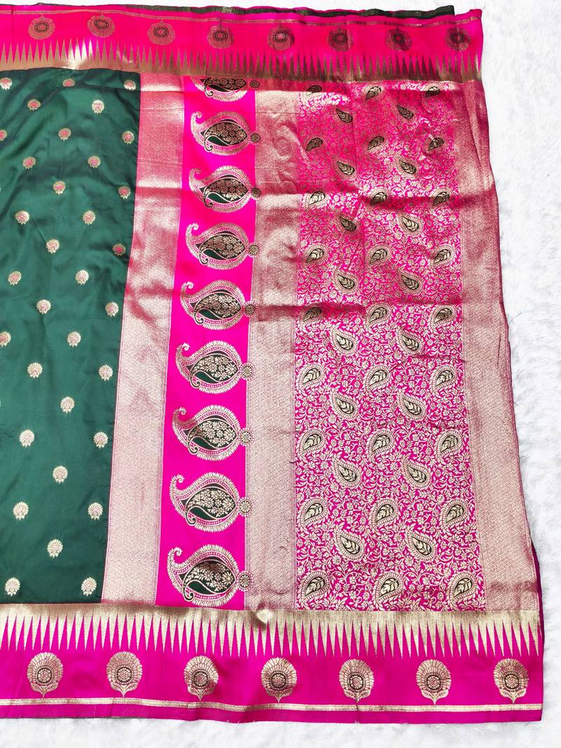 green zari woven banarasi silk blend traditional saree with blouse piece