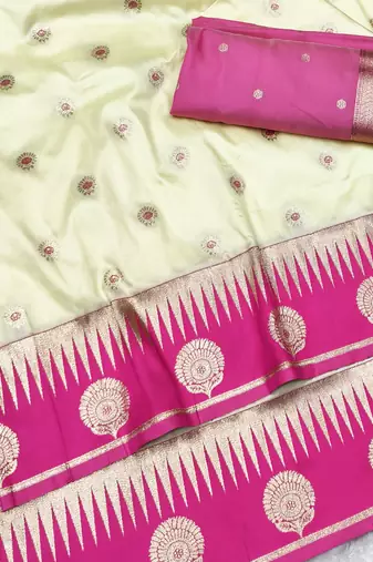 cream zari woven banarasi silk blend traditional saree with blouse piece