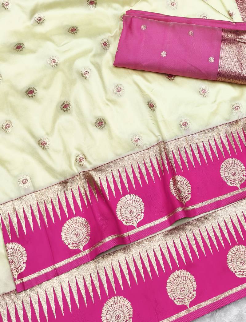 cream zari woven banarasi silk blend traditional saree with blouse piece
