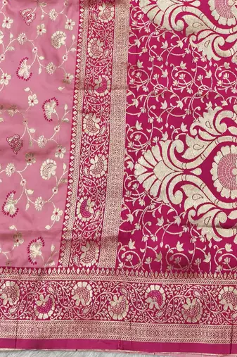 pink zari woven banarasi silk blend traditional saree with blouse piece
