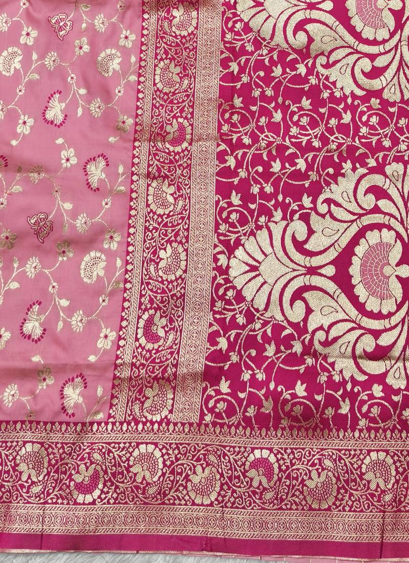 pink zari woven banarasi silk blend traditional saree with blouse piece