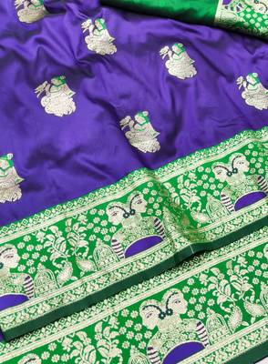 purpel zari woven baluchari silk blend traditional saree with blouse piece 3