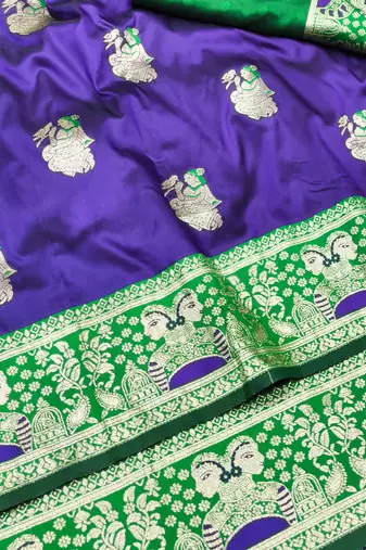 purpel zari woven baluchari silk blend traditional saree with blouse piece