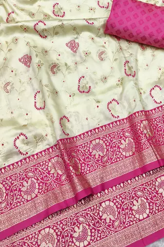 cream zari woven banarasi silk blend traditional saree with blouse piece