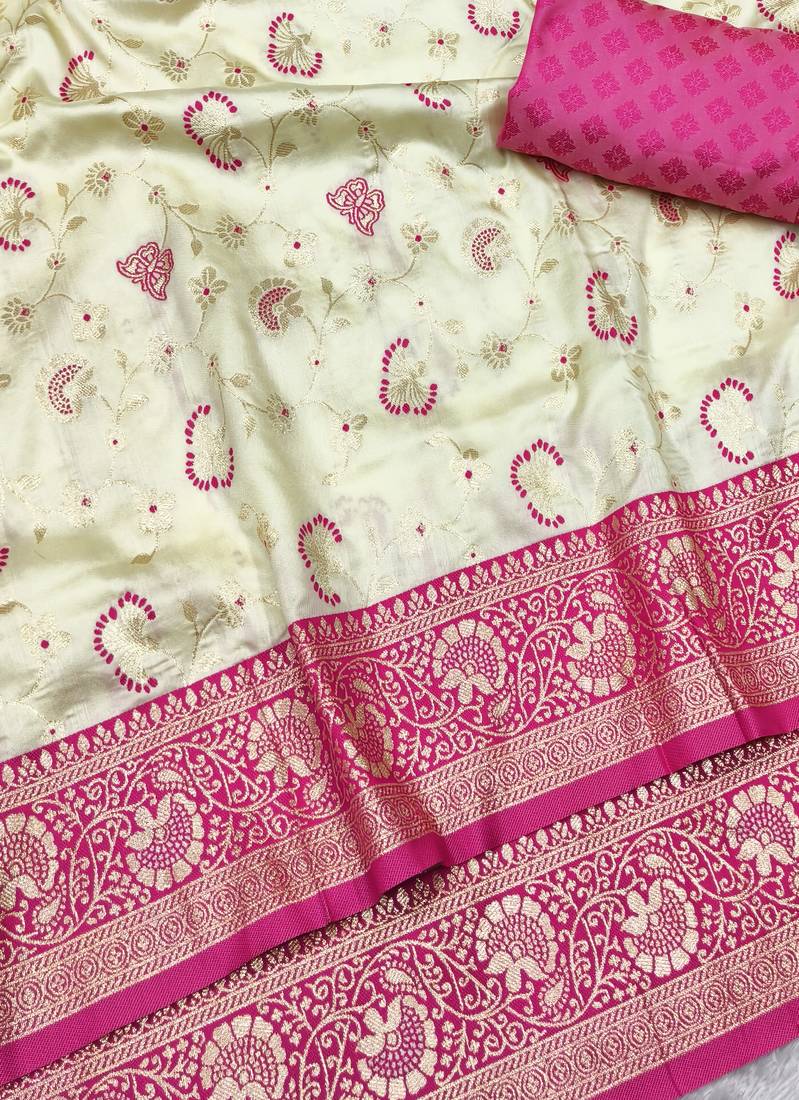 cream zari woven banarasi silk blend traditional saree with blouse piece